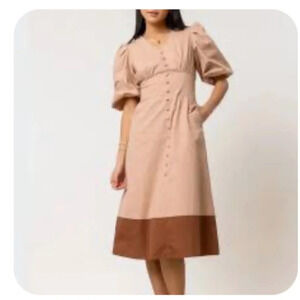 Bohme V Neck Puff Sleeve Nude/Brown Midi Faux Button Up Dress Size M NWT